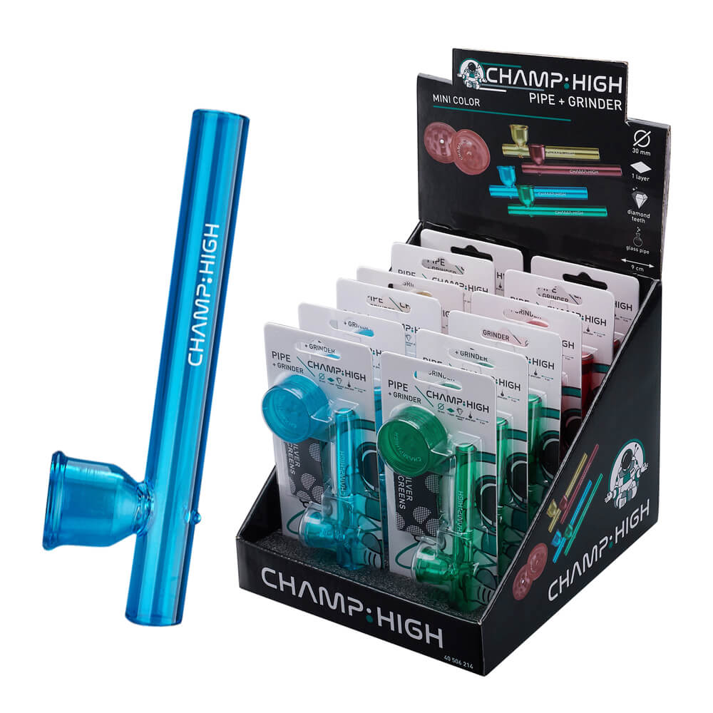 wholesale-champ-high-glass-pipe-mix-color-with-grinder Champ High Glass Pipe with Grinder and Screens (12pcs/display) - Image 1