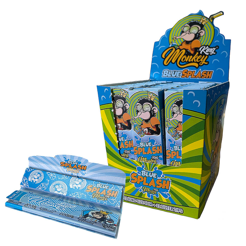 wholesale-monkey-king-blue-splash Monkey King Blue Splash Touch and Smell Rolling Papers with Tips (24pcs/display) - Image 1